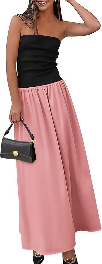 PRETTYGARDEN Women's 2025 Spring Strapless Maxi Dresses Patchwork Long Flowy Pockets Elegant Goin... | Amazon (US)