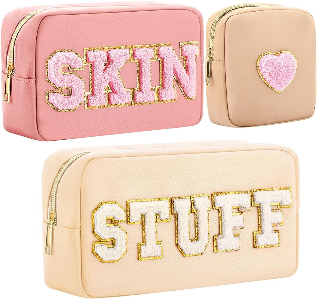 3 Pcs Preppy Makeup Bag Chenille Letter Nylon Cosmetic Bags Travel Varsity Letter Skin Stuff Bag ... | Amazon (US)