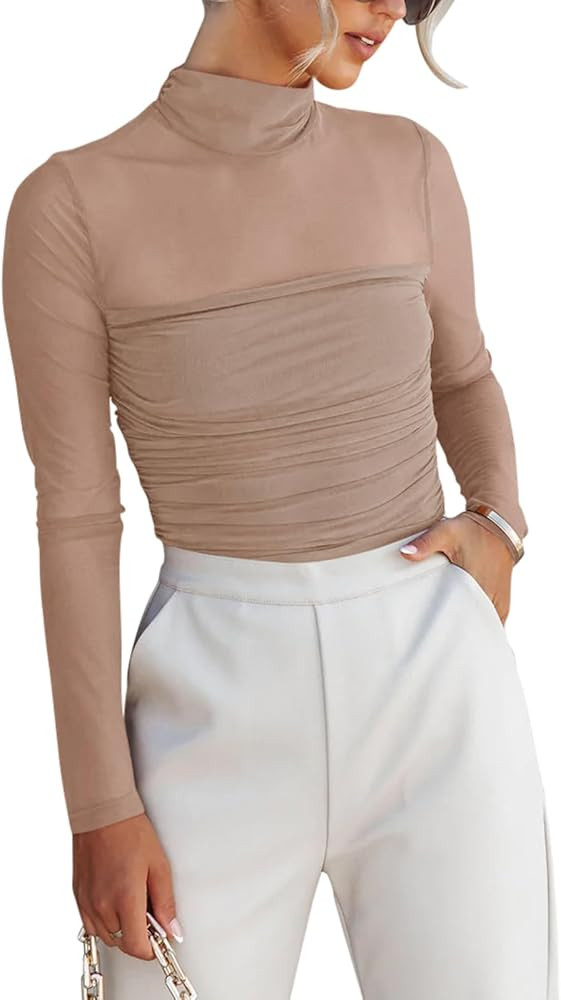 REORIA Women’s Trendy Sexy Mock Turtle Neck Long Sleeve Sheer Mesh Ruched Going Out Bodysuits T... | Amazon (US)