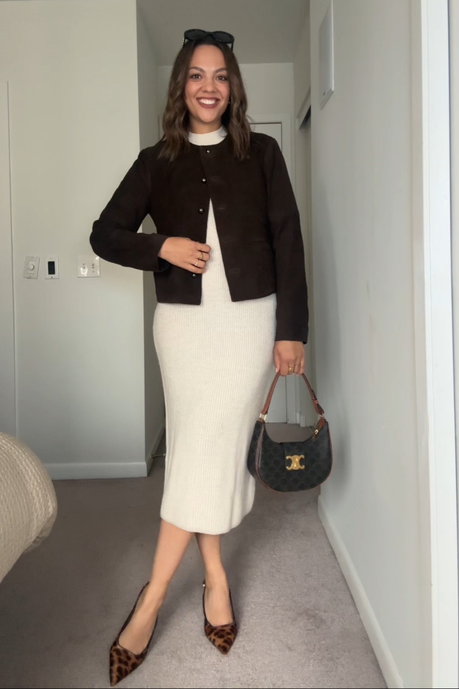 Fall outfit inspiration:

-Reformation dark brown collarless suede jacket, I have a large. 
-Beige knit dress, similar linked. 
-Celine Triomphe Ava bag in canvas. 
-Talbots leopard print heels. 
-Celine Triomphe sunglasses. 


#LTKstyletip #LTKautumn #LTKcanada