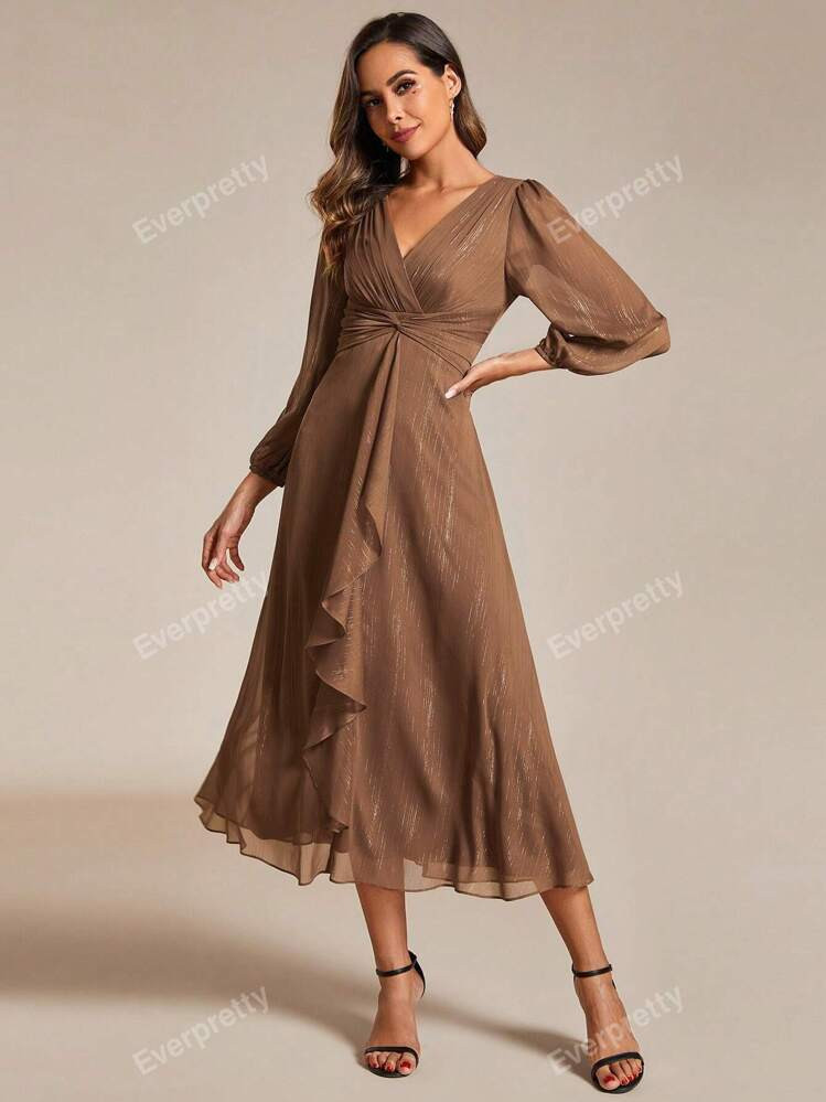 EVER-PRETTY Elegant Romantic Ruffled Twist Bridesmaid Dress Long Sleeve Dress | SHEIN