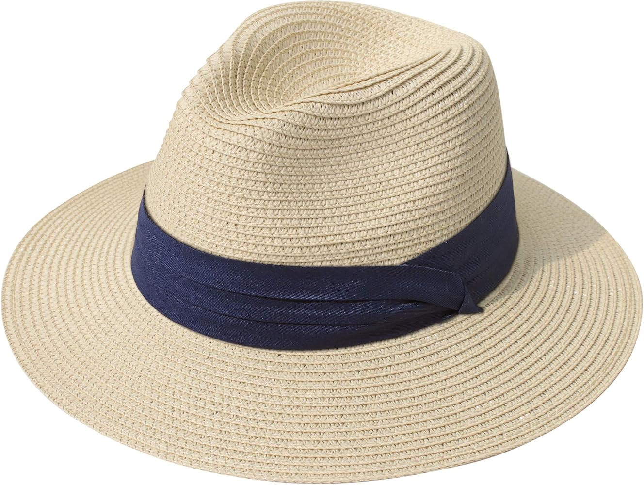 Lanzom Women Wide Brim Straw Panama Roll up Hat Belt Buckle Fedora Beach Sun Hat UPF50+ | Amazon (US)