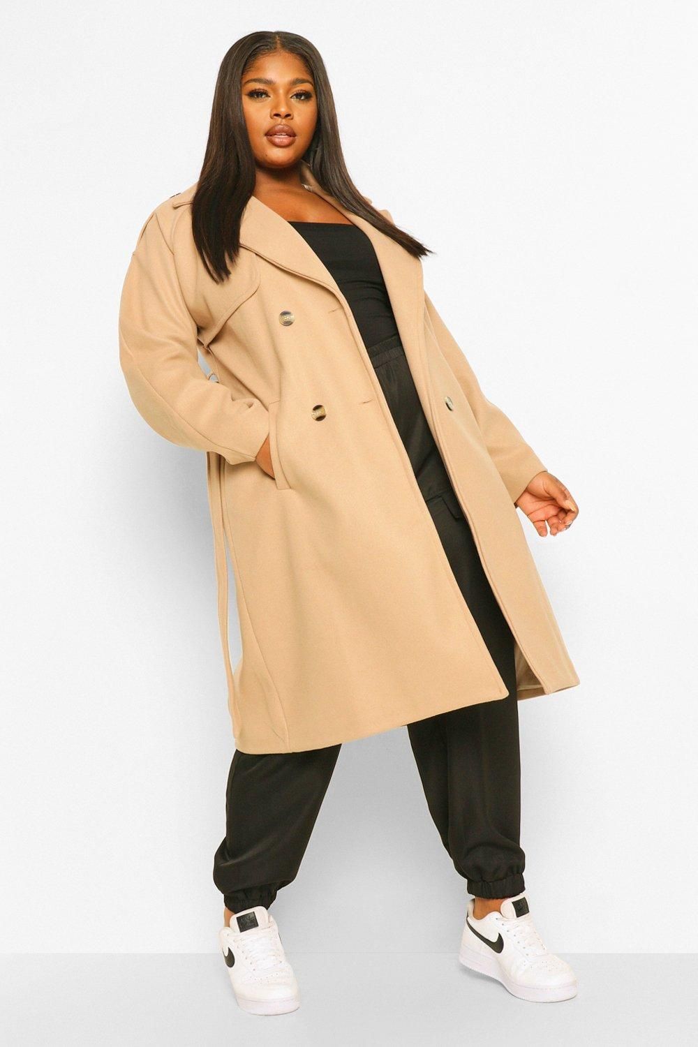 Womens Plus Wool Look Belted Trench Coat - Beige - 14 | Boohoo.com (US & CA)