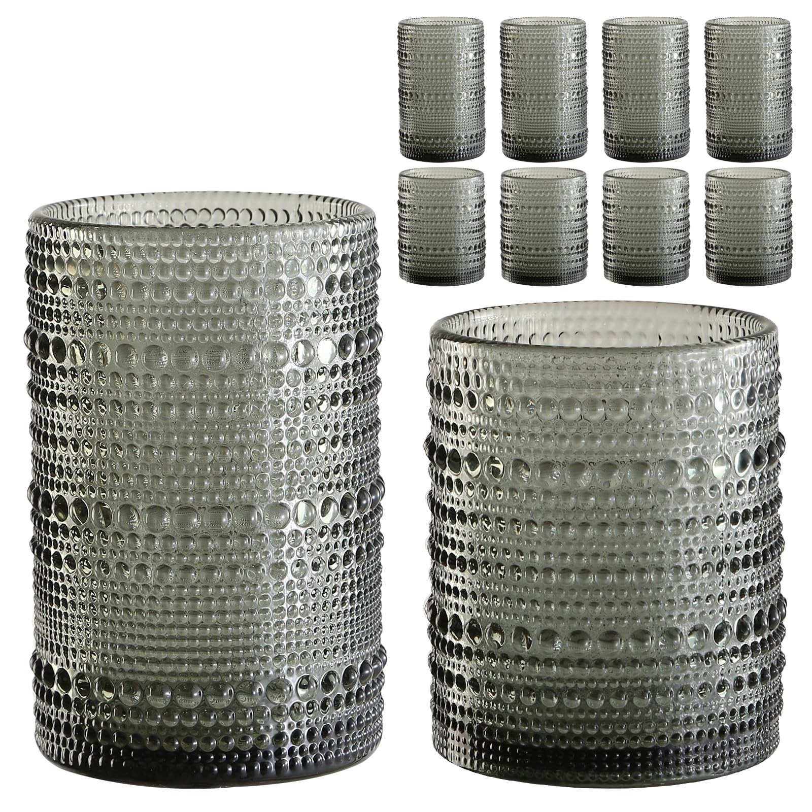 ZMOWIPDL Vintage Hobnail Drinking Glasses Set of 8,Grey 12 oz & 15oz Highball Glass Cups, Kitchen Drinkware Glassware,Embossed Water Tumbler,for Beer,Cocktail,Whiskey,Juice and Various Mixed Drinks | Amazon (US)