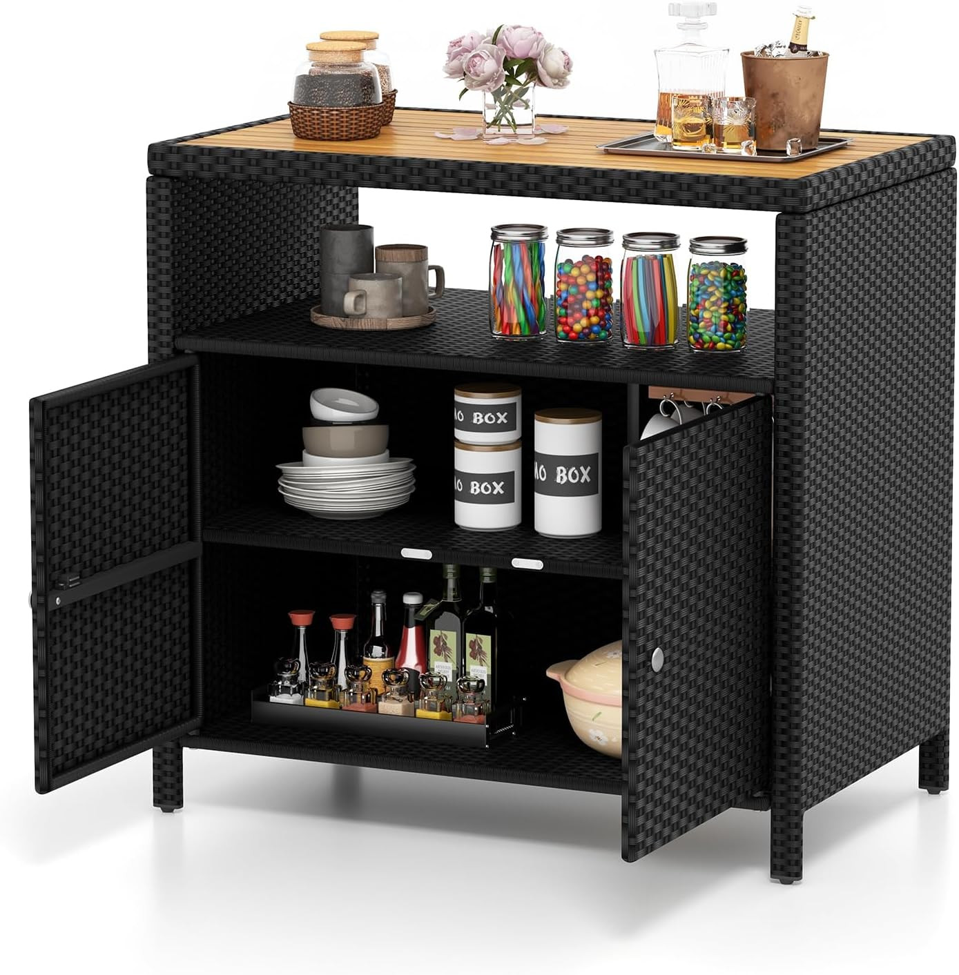 Tangkula Rattan Outdoor Storage Cabinet, Patiojoy Outdoor Cabinet with Acacia Wood Countertop, Open Compartment, 2-Door Wicker Sideboard, Outdoor Bar for Patio Garden Backyard Poolside (Black) | Amazon (US)