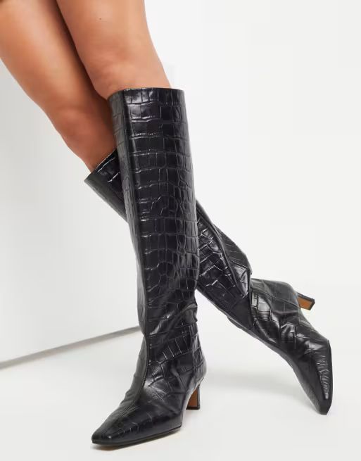 ASOS DESIGN Colette premium leather mid-heeled pull on knee boots in black | ASOS (Global)