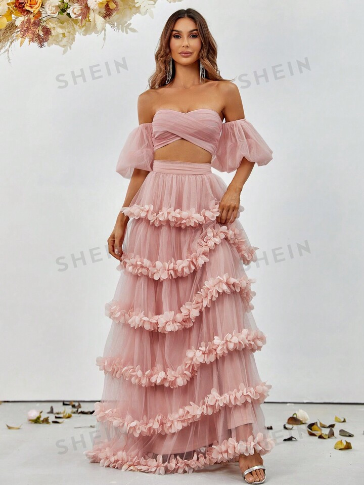 Off Shoulder Puff Sleeve Crop Top & Frill Trim Mesh Skirt | SHEIN