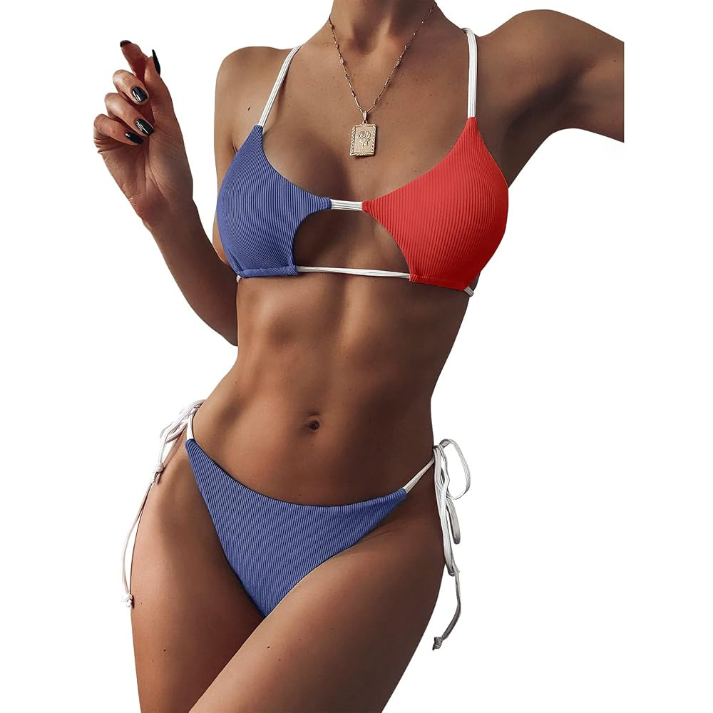 ZAFUL Women's Ribbed Cut Out Bikini Set String Swimwear Sexy Brazilian Thong Bikini Two Piece Swi... | Amazon (US)