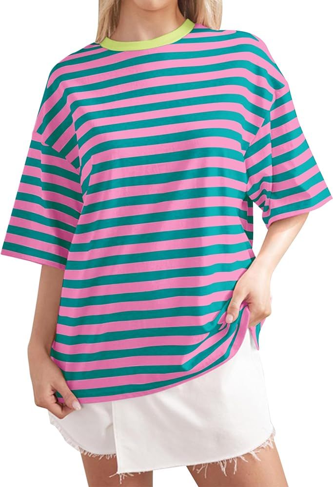 Women Oversized Striped Color Block Short Sleeve Crew Neck T-Shirts Casual Loose Pullover Tops Su... | Amazon (US)