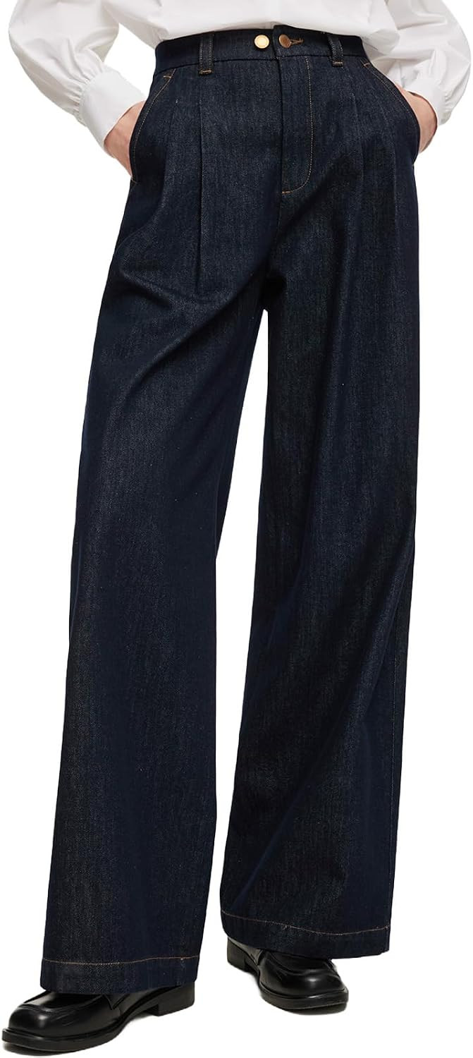 GOELIA Women's High Waist Wide Leg Jeans Cotton Denim Adjustable Waist Curved Fit Baggy Jeans Y2K Casual Trendy Denim Pants | Amazon (US)