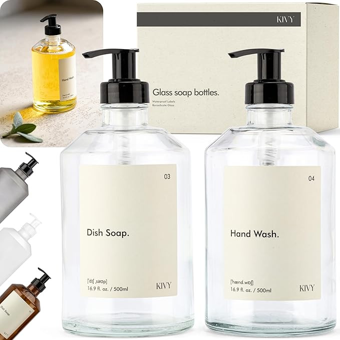KIVY Glass Soap Dispenser Set [INCL. Waterproof Labels] - Glass Soap Dispenser with Pump - Hand S... | Amazon (US)