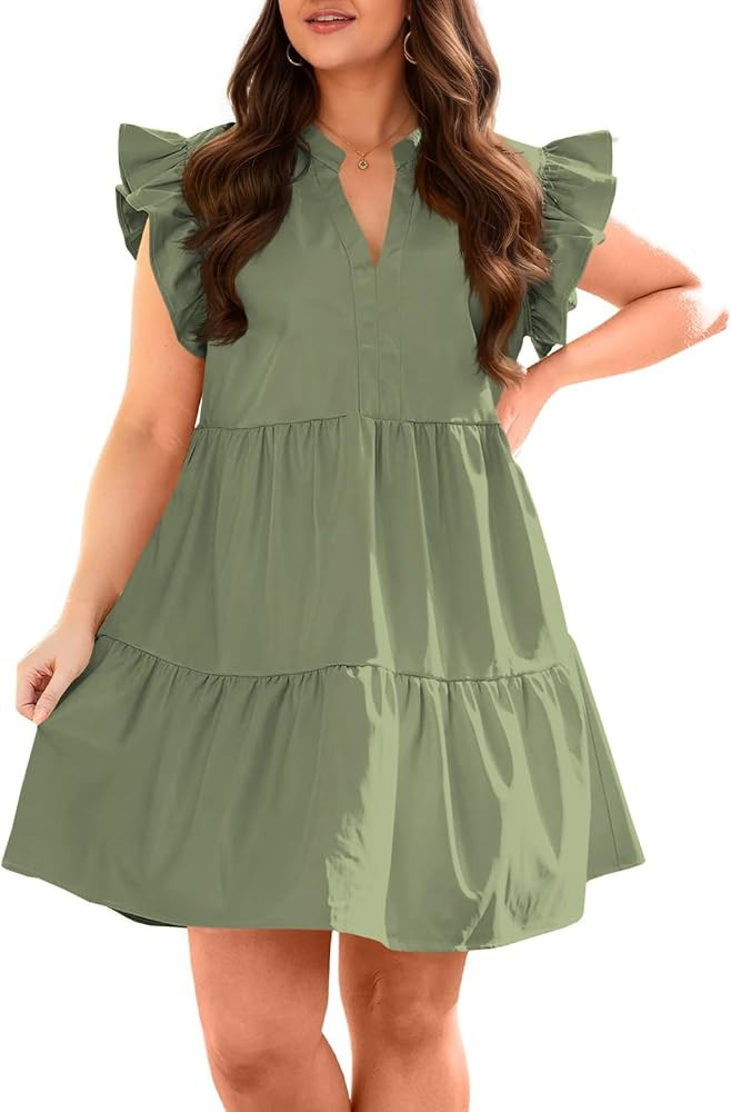 Fisoew Plus Size Dresses for Women Summer Ruffle Short Sleeve V Neck Dress | Amazon (US)