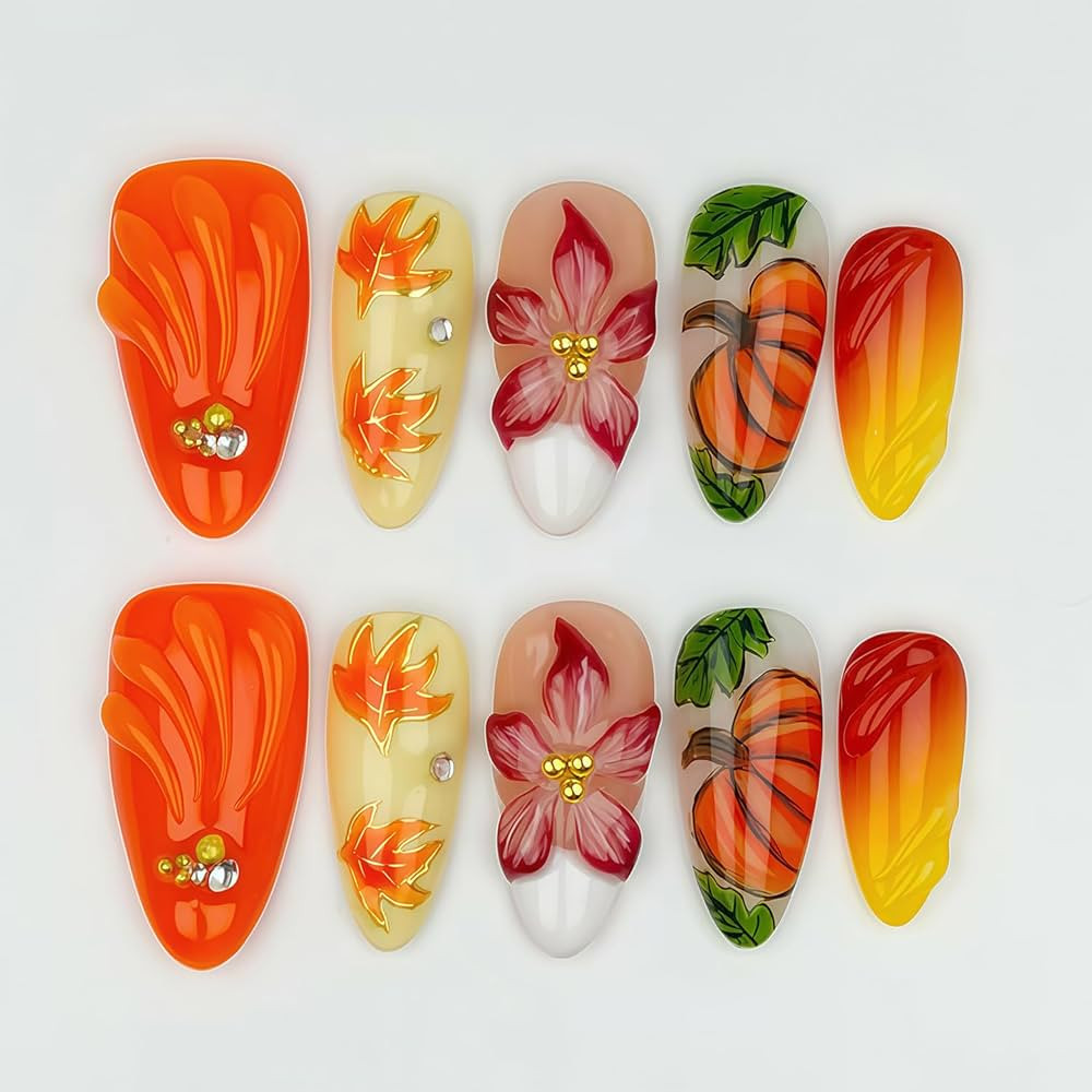 30Pcs Fall Press on Nails Almond Fake Nails Thanksgiving Day False Nails with Autumn Maple Leaf F... | Amazon (US)