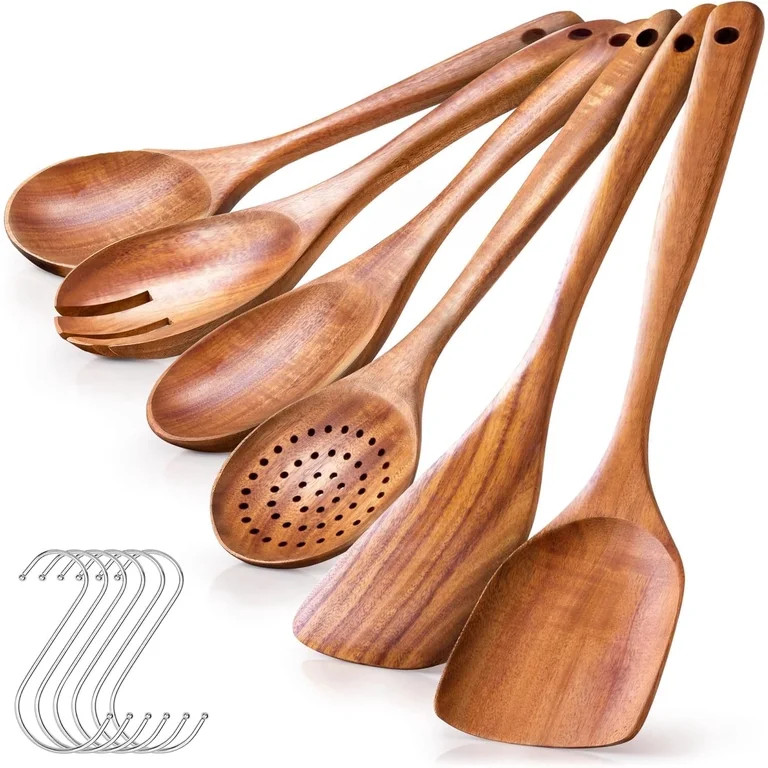 Kisportee Wooden Spoons for Cooking, Non-Stick Teak Wooden Cooking Utensils Set with Hooks, Woode... | Walmart (US)