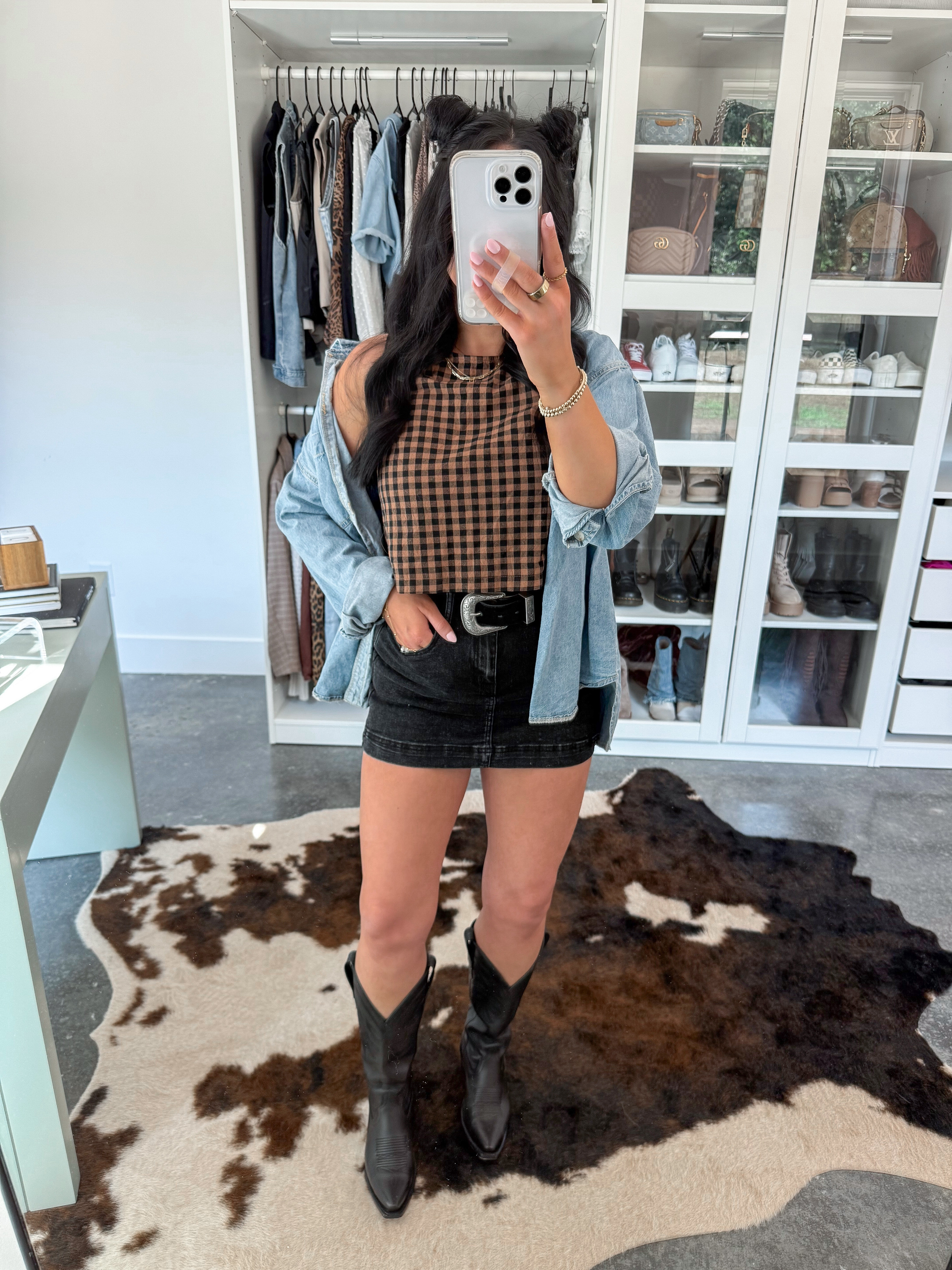 Top - small (part of a set)
Skort - small
Belt - small
Denim Button Down - medium (washed blue color)
Bralette - medium

Western, but keep it edgy! Love this brown and black gingham print top paired with this black denim skort (has great stretchy and good booty coverage!) Finished the look with this oversized denim button down, a black suede western belt & my go-to black cowgirl boots! 

 

 #LTKFindsUnder50 #LTKFindsUnder100 #LTKShoeCrush