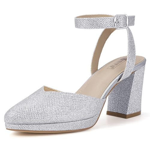 IDIFU Silver Platform Closed Toe Heels Pumps for Women Comfortable Low Chunky Block Slingback Ankle Strap Heels Dressy Wedding Bridal Party Dress Pumps Shoes Pointed Toe Heels(Silver Glitter 9.5 M US) | Amazon (US)