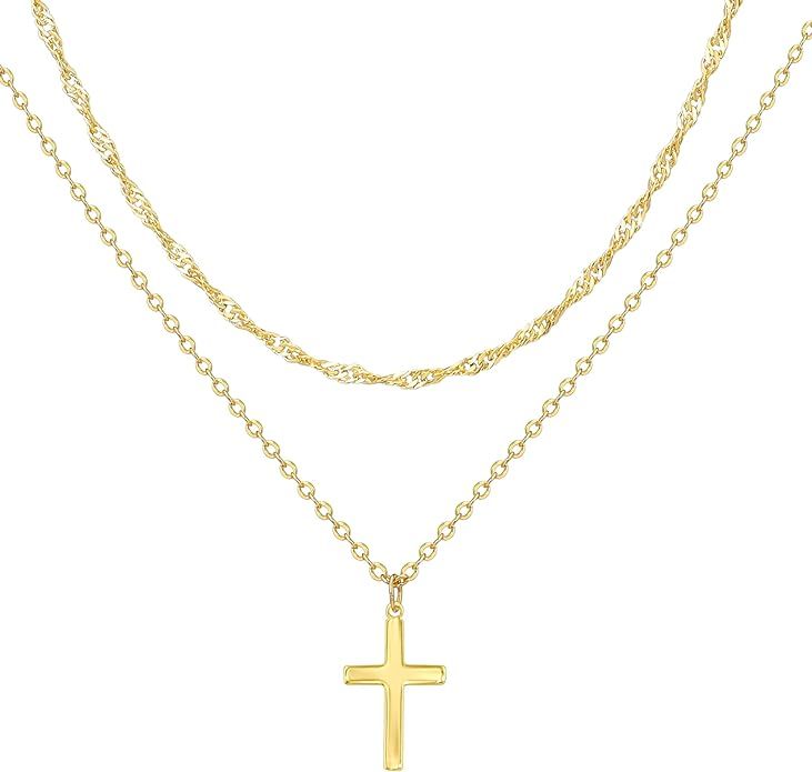 Layered Cross Necklace for Women, 14K Gold Plated/Sterling Silver Plated Choker Necklaces for Wom... | Amazon (US)