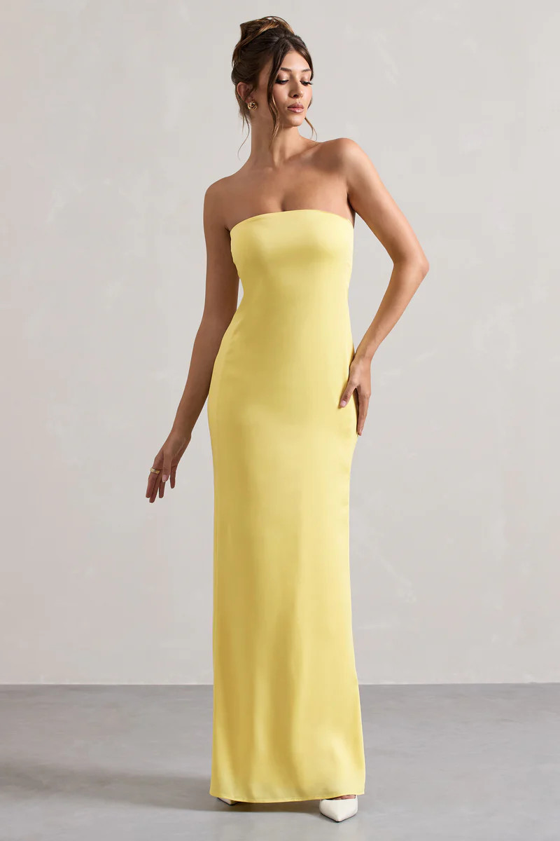 Azra | Lemon Satin Bandeau Maxi Dress | Club L London