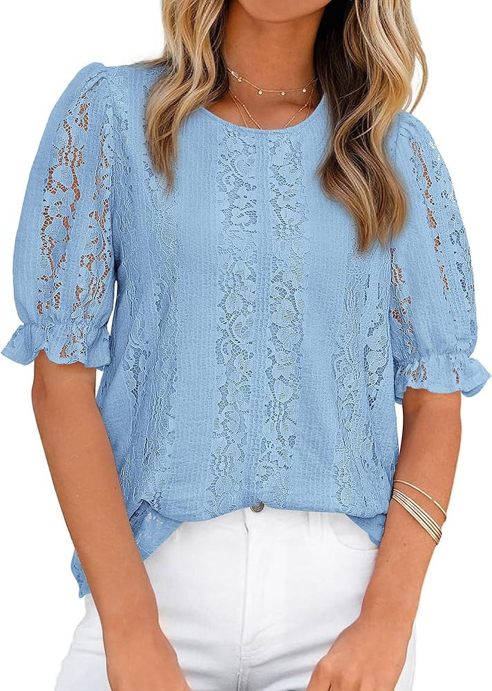 KIRUNDO Lace Tops for Women 2026 Dressy Floral Summer Shirts Puff Short Sleeve Spring Blouse Casu... | Amazon (US)