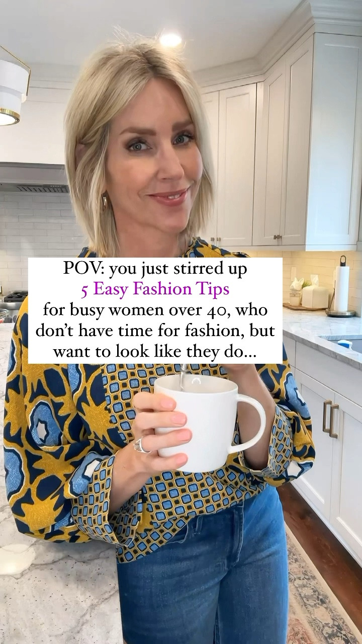 ✨5 Easy Fashion Tips For Busy Women Over 40  
These are my tried and true tips to elevate your style and they won’t add any extra time to your day. 👋 If you’re new here, follow along for more style tips and fashion. I love sharing!

1️⃣ Dress for your body shape.  Are you an 🍎, 🔺,🍐,◾️, 🔻? If you don’t know, DM me for how to determine yours!
2️⃣ A good tailored blazer is timeless. You will wear it for years and a blazer never goes out of style.
3️⃣ Invest in the basics! Look for well-fitted neutral tops, such as classic white shirts, black turtlenecks, and versatile blouses that can be easily paired with different bottoms and accessories.
4️⃣ Define Your Waist! This is the best wait to avoid the F word (And I mean frumpy!)
5️⃣ Don’t forget the accessories. The easiest way to elevate an outfit is to add jewelry, a cute purse and fun shoes.

#LTKstyletip #LTKover40 #LTKVideo