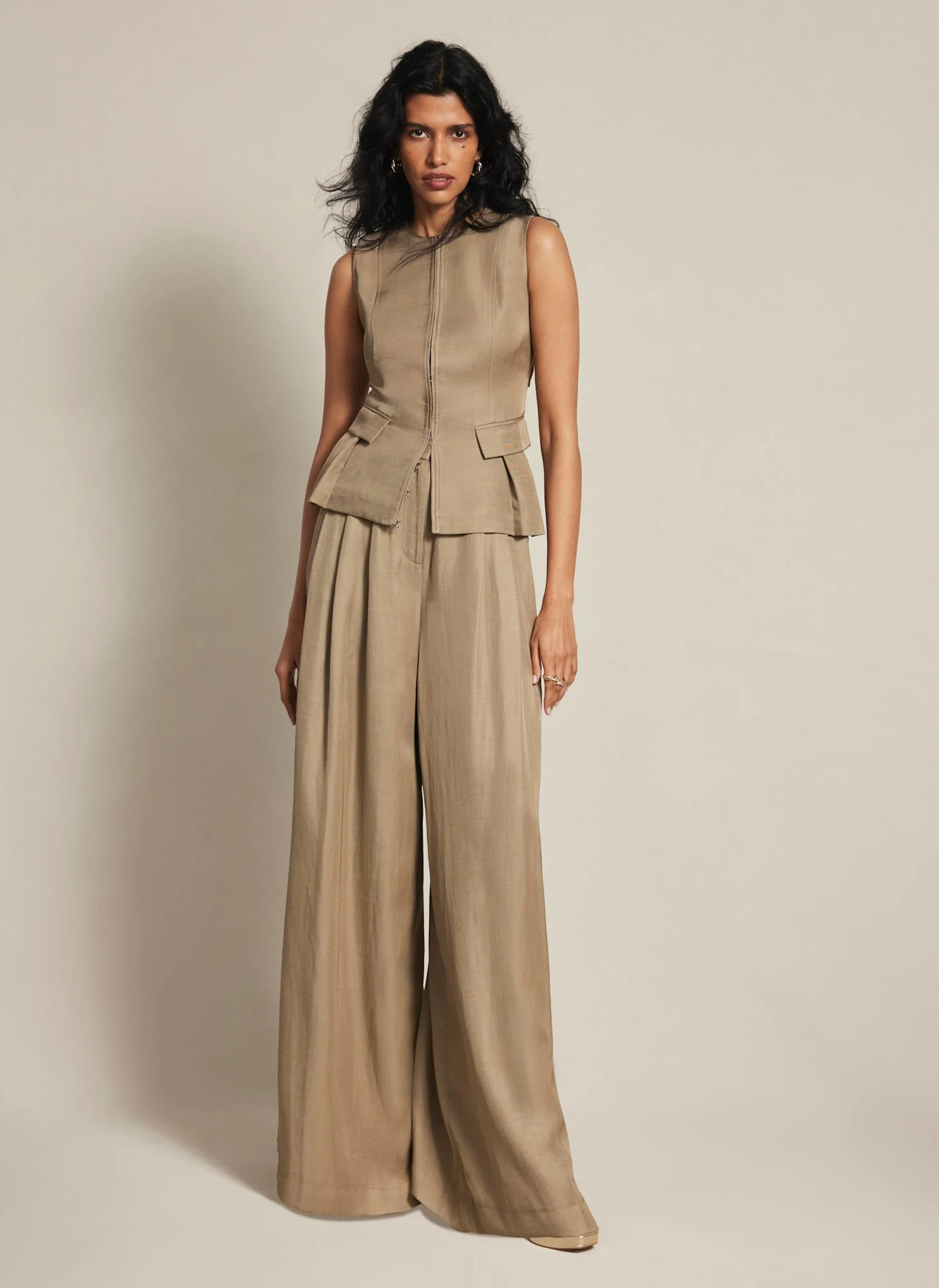 Taupe Pleated Wide Trousers | Mint Velvet