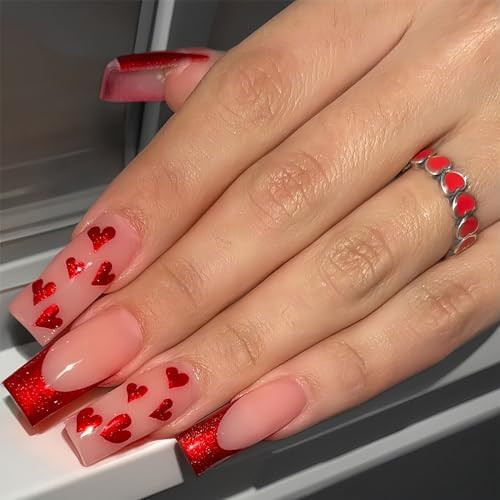 BFY Valentine's Day Press-on Nails: Medium Coffin Shapes, Red Glitter French Hearts, Acrylic Nail... | Amazon (US)