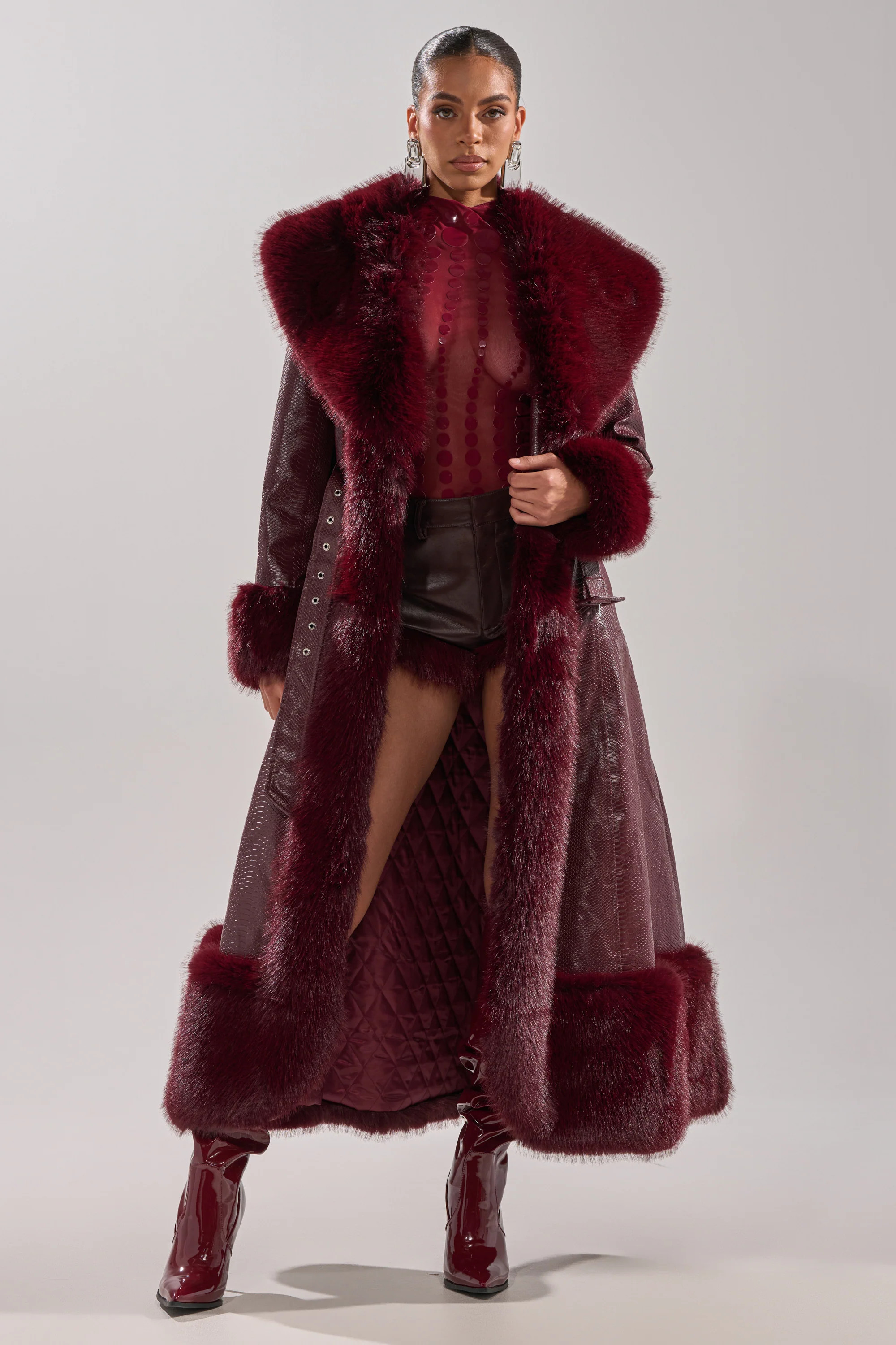 VIVIAN FUR TRIM TRENCH IN BURGUNDY | AKIRA