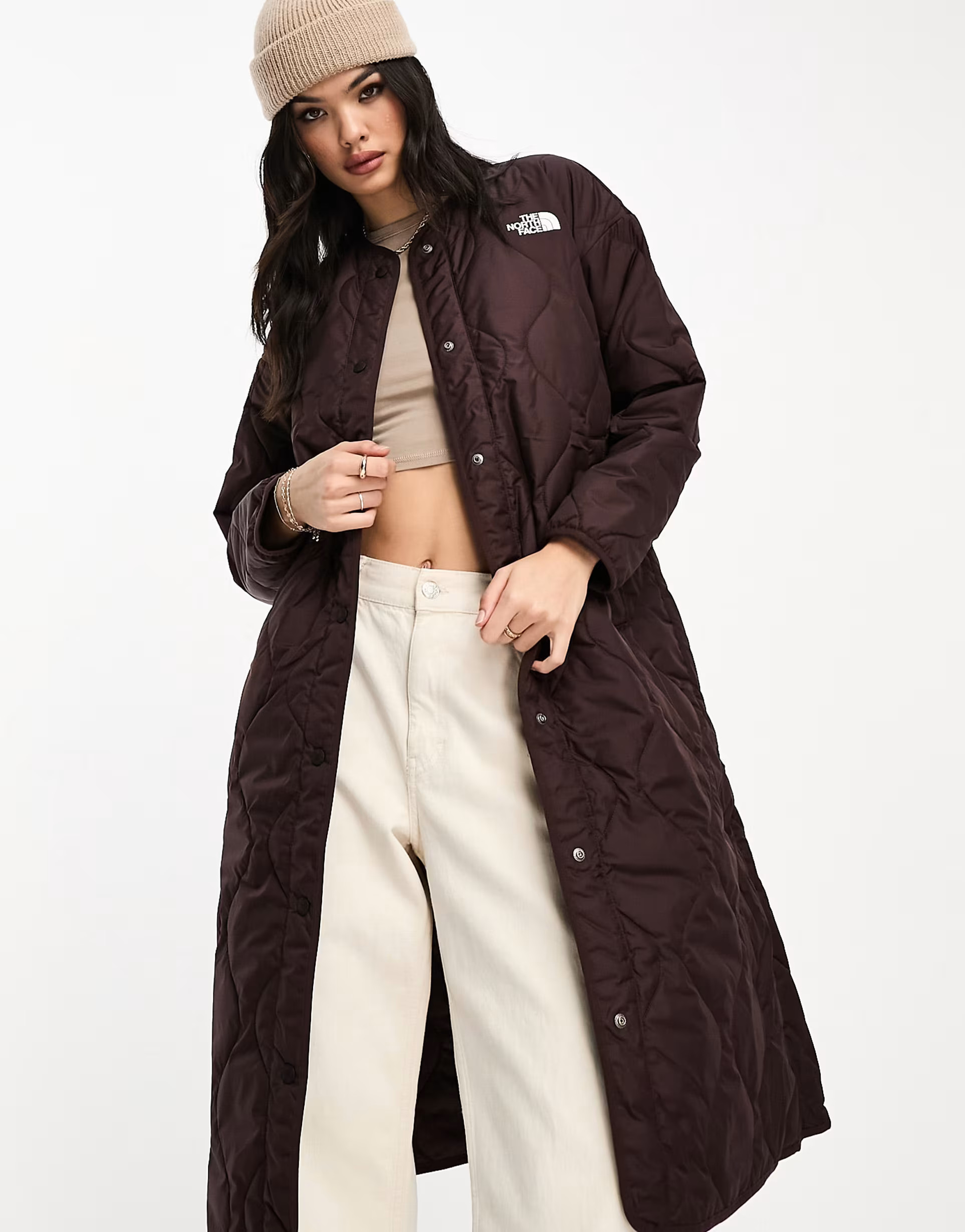 The North Face Ampato long quilted liner jacket in brown Exclusive at ASOS | ASOS (Global)