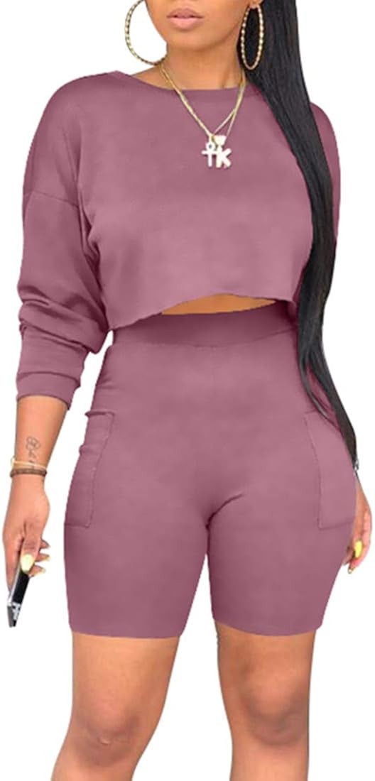 cailami Women's Casual 2 Piece Club Outfit Jumpsuit Crop Tops Bodycon Shorts Set with Pockets | Amazon (US)