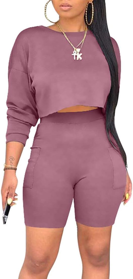 cailami Women's Casual 2 Piece Club Outfit Jumpsuit Crop Tops Bodycon Shorts Set with Pockets | Amazon (US)