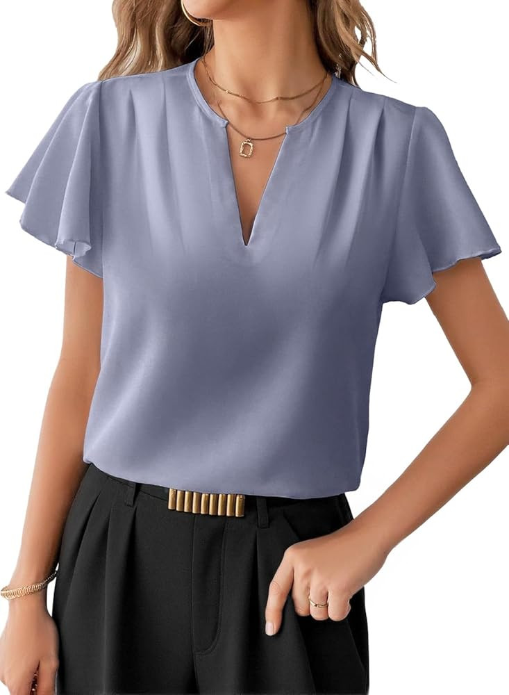 EVALESS Blouses for Women Dressy Casual Summer Ruffle Short Sleeve V Neck Work Tops Busines Offic... | Amazon (US)