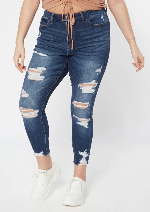 Plus Dark Wash Destroyed Ultimate Stretch Skinny Jeans | rue21