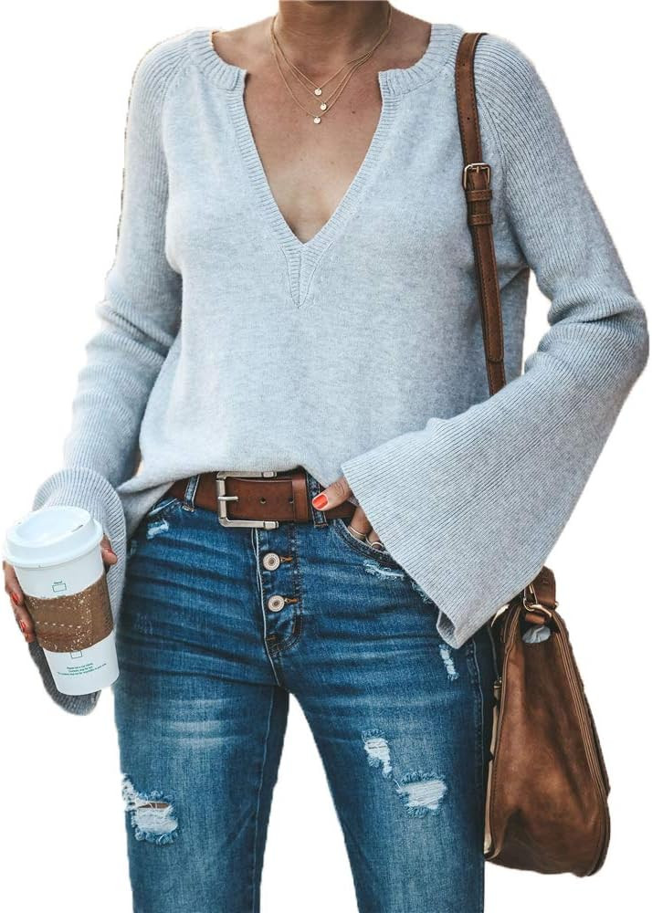 HZSONNE Women's Bell Sleeve Sweater - Crew Deep V Neck Kimono Loose Fit Solid Pullover Knitted Jumpe | Amazon (US)