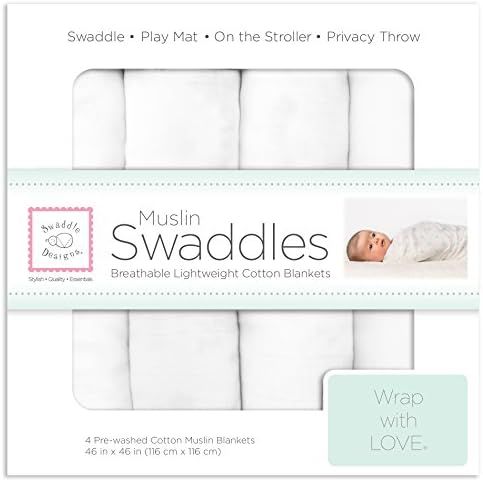 SwaddleDesigns Cotton Muslin Swaddle Blankets, Set of 4, Pure White | Amazon (US)