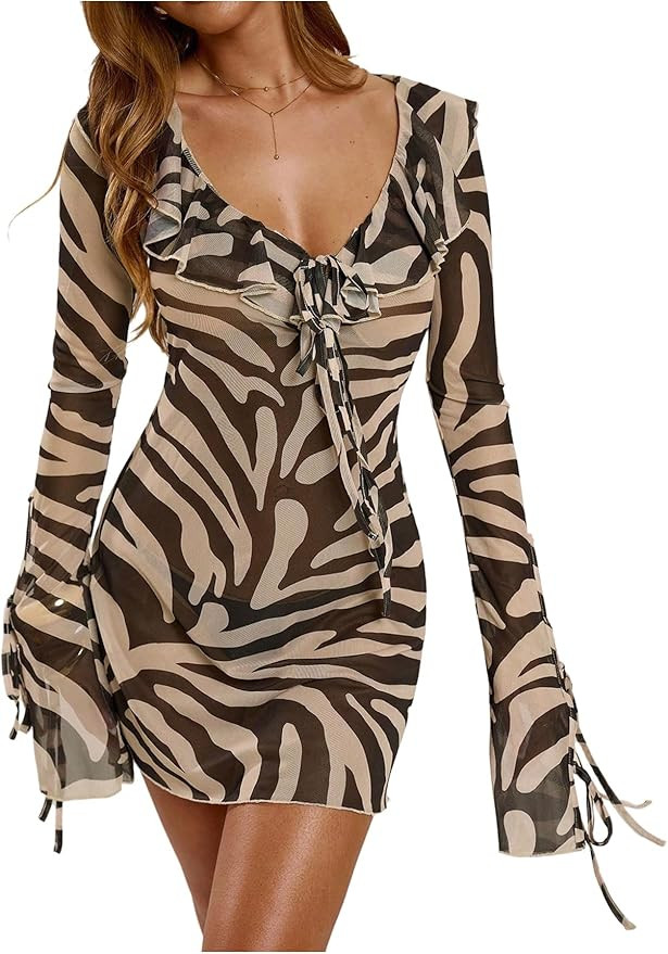 SweatyRocks Women's Zebra Print Deep V Neck Y2k Mini Dress Long Sleeve Sheer Mesh Short Dresses B... | Amazon (US)