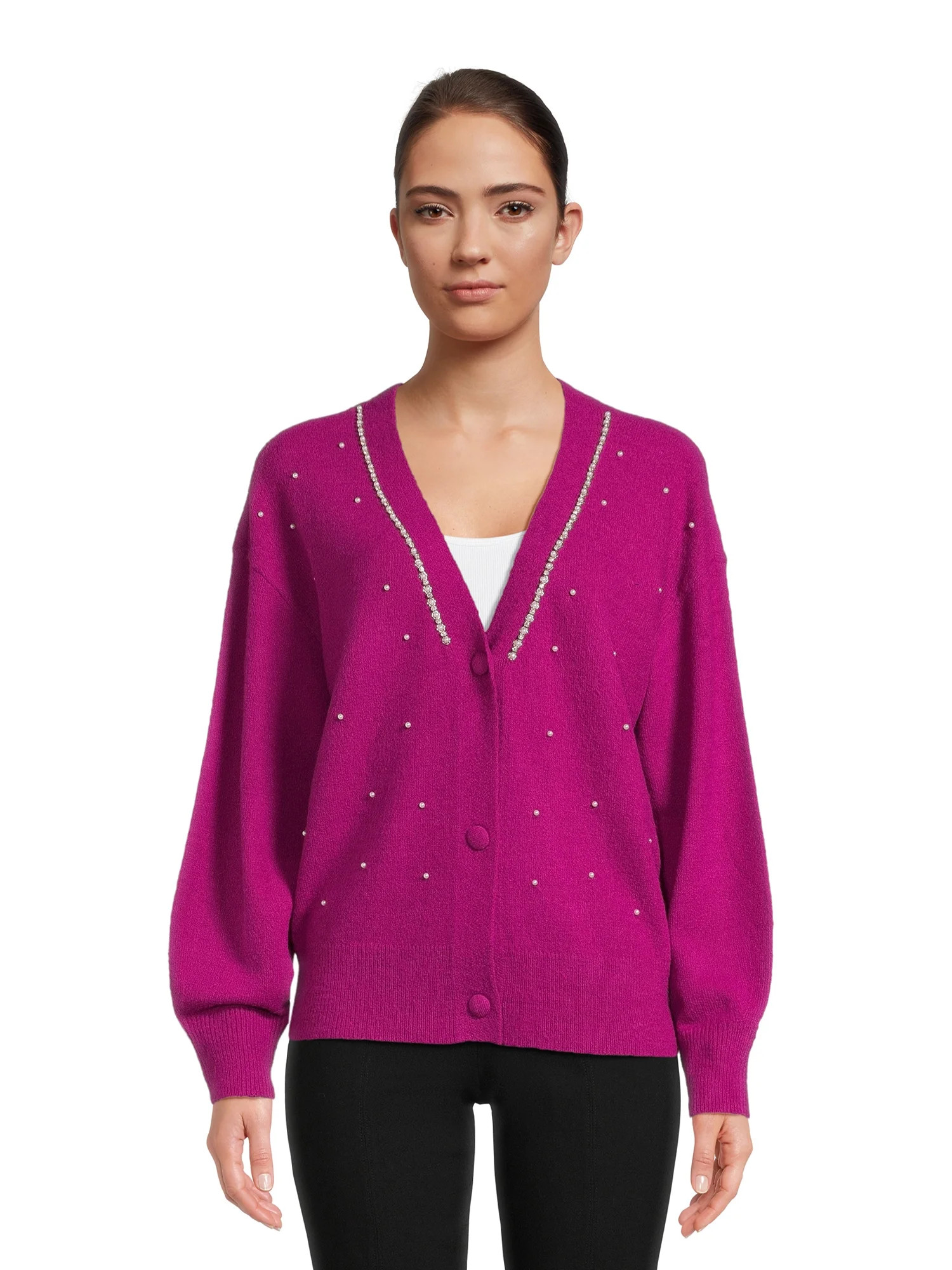 99 Jane Street Women's V-Neck Embellished Button Front Cardigan with Long Sleeves, Sizes S-3XL - ... | Walmart (US)