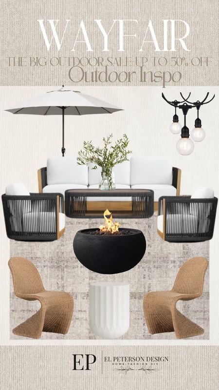 The big outdoor sale-up to 50%off
4piece sofa seating
Fire pit
End table 
Outdoor umbrella
Outdoor string light
Area rug
Wicker chairs 

#LTKhome #LTKsalealert