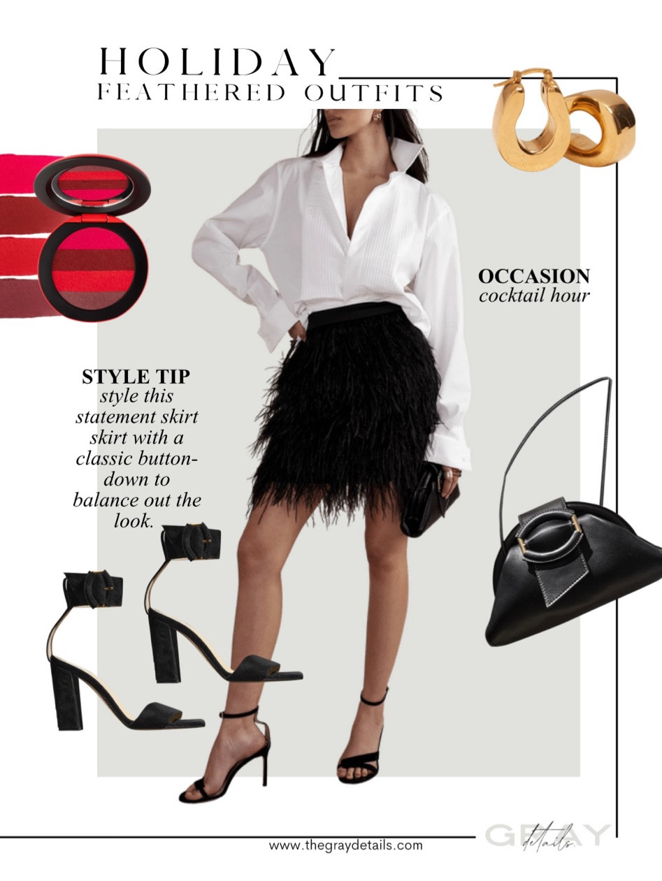 This feather skirt and poplin top is a fun option for holiday parties! This holiday outfit is perfect with a red lip combo from the Sephora event 20% off! Love these ankle suede heels from banana republic!

#LTKHoliday #LTKsalealert #LTKbeauty
