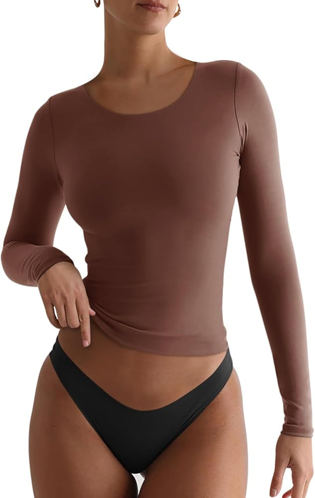 REORIA Womens Basic Crew Neck Long Sleeve Shirts Double Lined Crop Tops Tight Shirt Fall Outfits ... | Amazon (US)