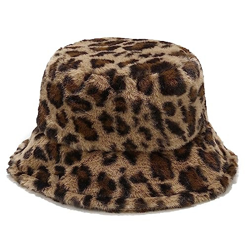 Winter Fluffy Fuzzy Bucket Hat Plush Furry Faux Fur Fisherman Hats Warm Hat for Women (Leopard Print Brown) | Amazon (US)