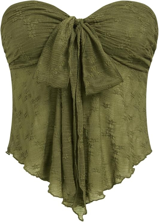 CIDER Summer Tube Tops for Women Floral Mesh Sheer Going Out Tops Cute Tie Front Strapless Flowy ... | Amazon (US)