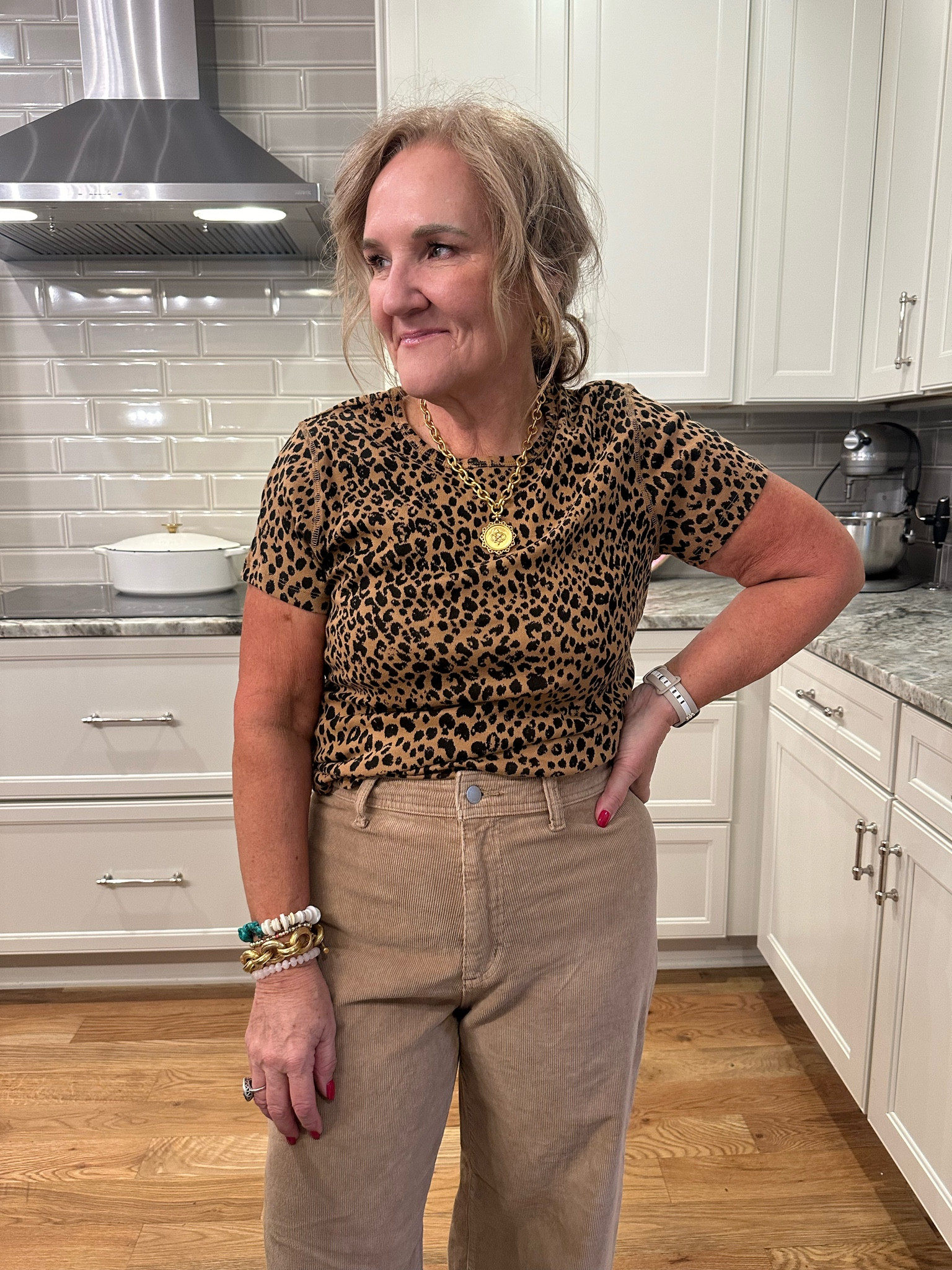This leopard tee is a great add and an easy way to wear this trend. Wearing a size large. 

The viral sailor jeans now come in corduroy!!! If inbetween, size up. 

20% off Allie+Bess code NANETTE20  highly recommend their jewelry! 

My favorite of jewelry is a splurge and a favorite. Definitely tap that heart button and add it to your favorites list. 

Fall outfit animal print tee wide leg corduroy pants 

#LTKMidsize #LTKOver40 #LTKFindsUnder50