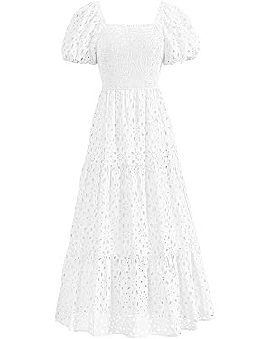 PRETTYGARDEN Summer Dresses for Women 2025 Eyelet Square Neck Puff Sleeve Smocked Wedding Guest M... | Amazon (US)