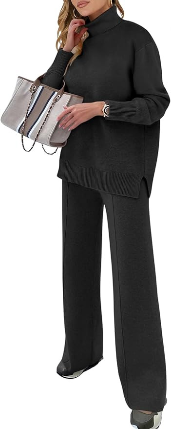 ANRABESS Womens 2 Piece Outfits Turtleneck Matching Lounge Set Sweater Top Wide Leg Pants Fall Co... | Amazon (US)