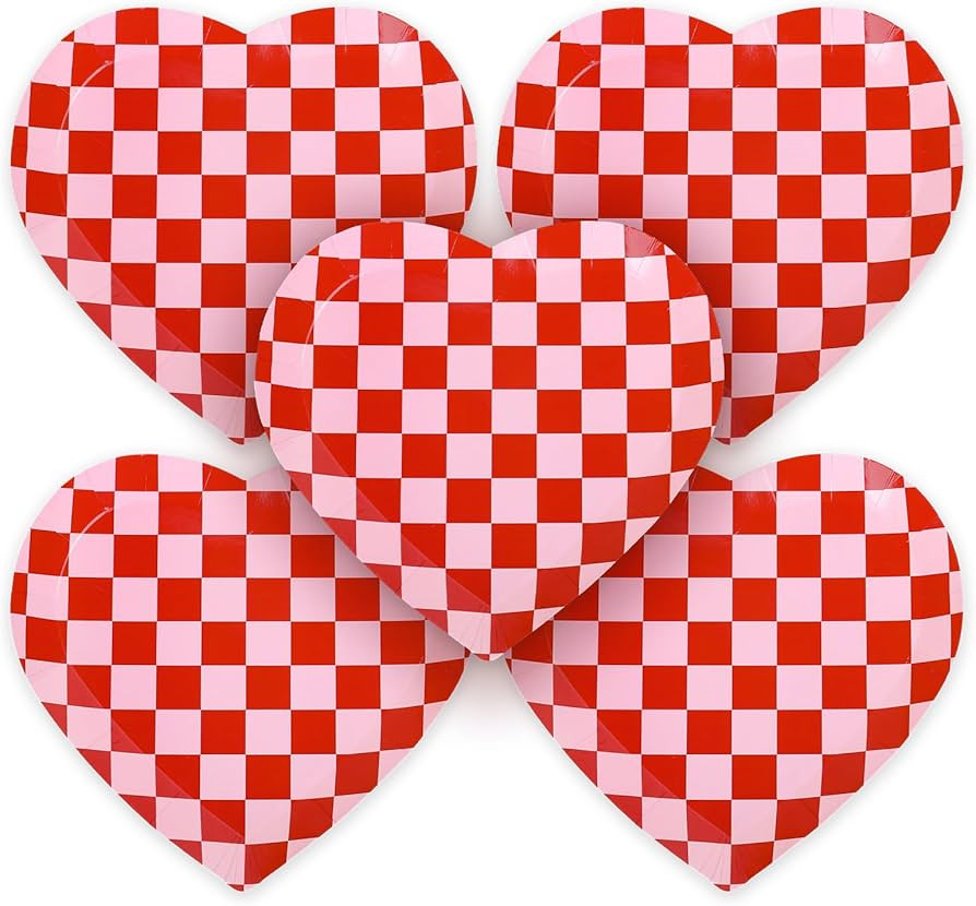 Whaline 40Pcs Valentine's Day Paper Plates Plaid Love Heart Shape Disposable Plates Red Pink Chec... | Amazon (US)