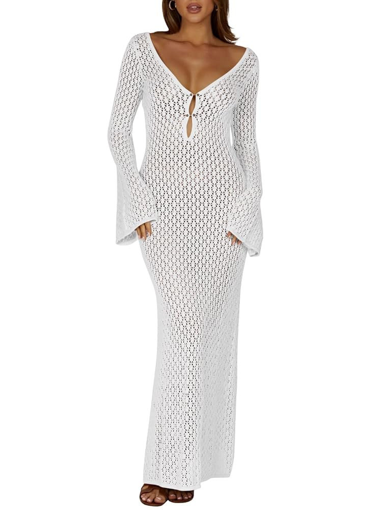 Saodimallsu Womens Crochet Maxi Cover Up Dress Beach Swim Vacation Coverups Long Sleeve Sexy Body... | Amazon (US)