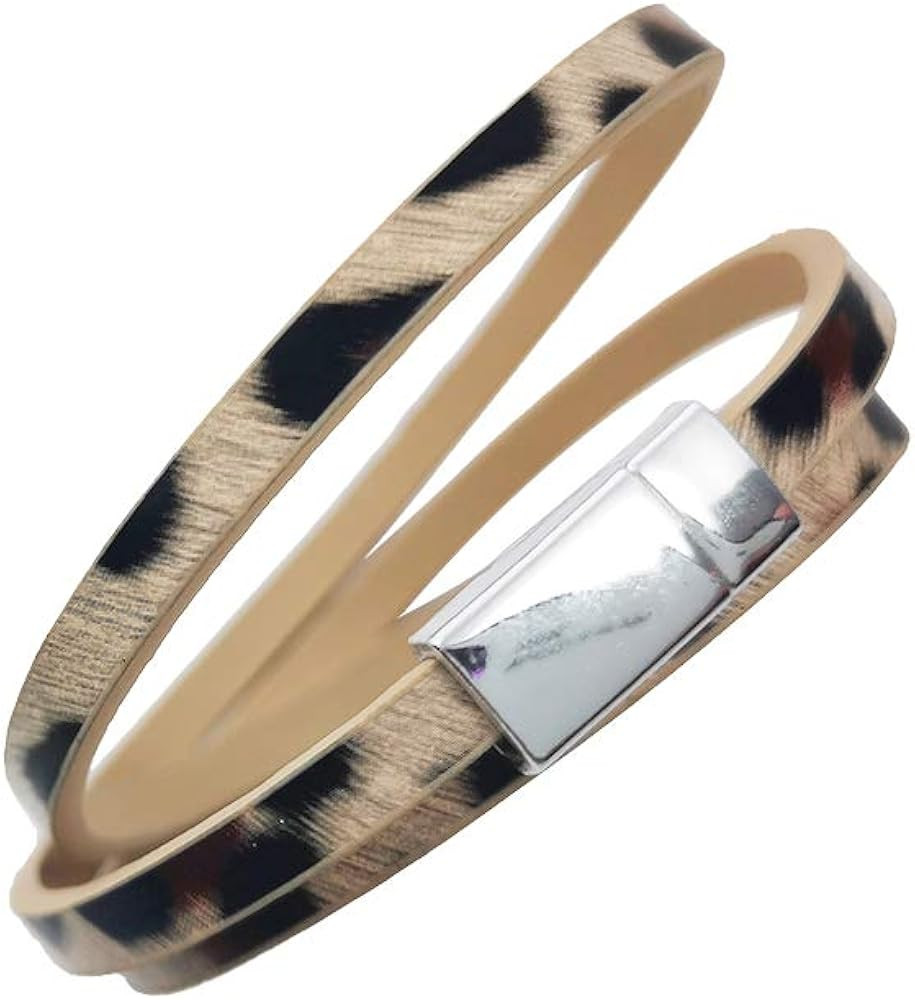 HUNO Multilayer Leopard Textured Cuff Bracelets Magnetic Buckle Snakeskin PU Leather Wrap Cuff Ba... | Amazon (US)