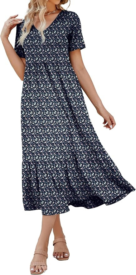 Women's 2026 Summer Short Sleeve V Neck Swing Dress Flowy Tiered Maxi Beach Sundress with Pockets | Amazon (US)