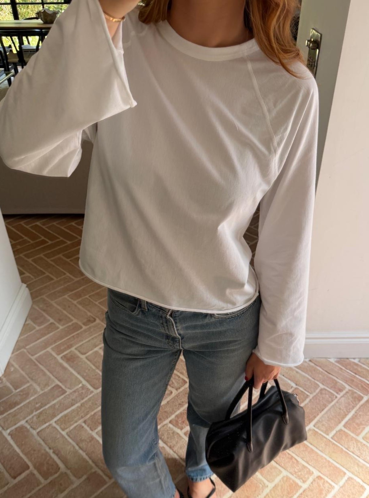 white oversized tee, white longline tee, relaxed fit white top, boxy white tshirt, mid wash barrel jeans, straight leg jeans, relaxed jeans, wide leg jeans, mid blue denim, black flip flops, leather thong sandals, flatform flip flops, black thong sandals, black mini bag, croc effect shoulder bag, black structured bag, mini top handle bag, black cat eye sunglasses, black rectangle sunglasses, small black sunglasses, street style outfit, NY street style, minimal casual outfit, effortless summer outfit, off duty model look, quiet luxury casual, summer basics outfit, everyday casual look

#LTKuk #LTKspring #LTKbag