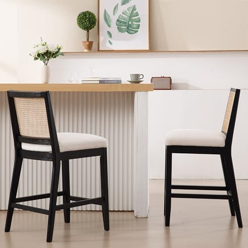 RIVOVA 26.5" Rattan Bar Stools Set of 2 Modern Sherpa Fabric Upholstered Counter Height Bar Stools, Kitchen Island Barstools with Rattan Back, Black Finish Wood Legs Bar Chairs, White | Amazon (US)